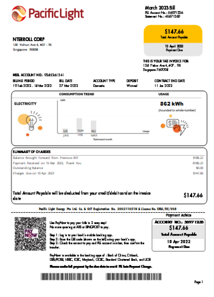 Pacific Light electricity utility business bill SCR PSD template
